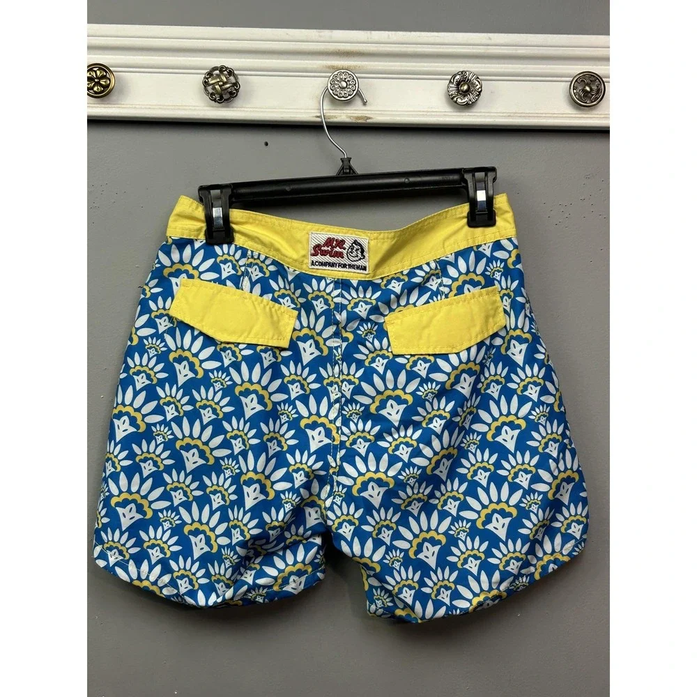 Mr Swim Swim Trunks Mens 28 Blue Yellow Geometric Floral Board Shorts Lace Up